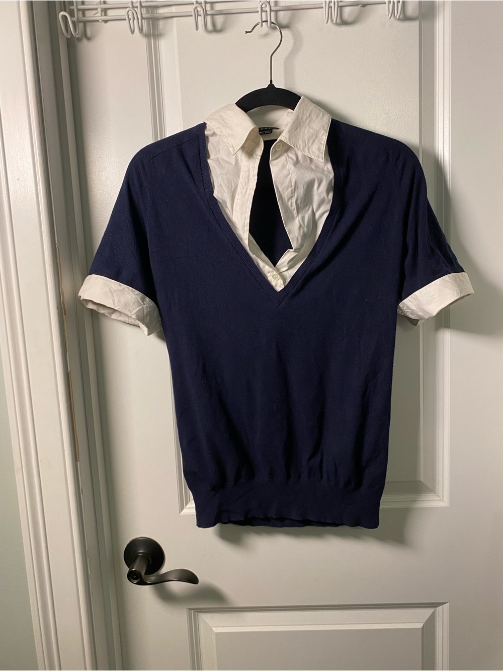 Theory Navy V-Neck Short Sleeve Sweater with White Shirt Underlayment